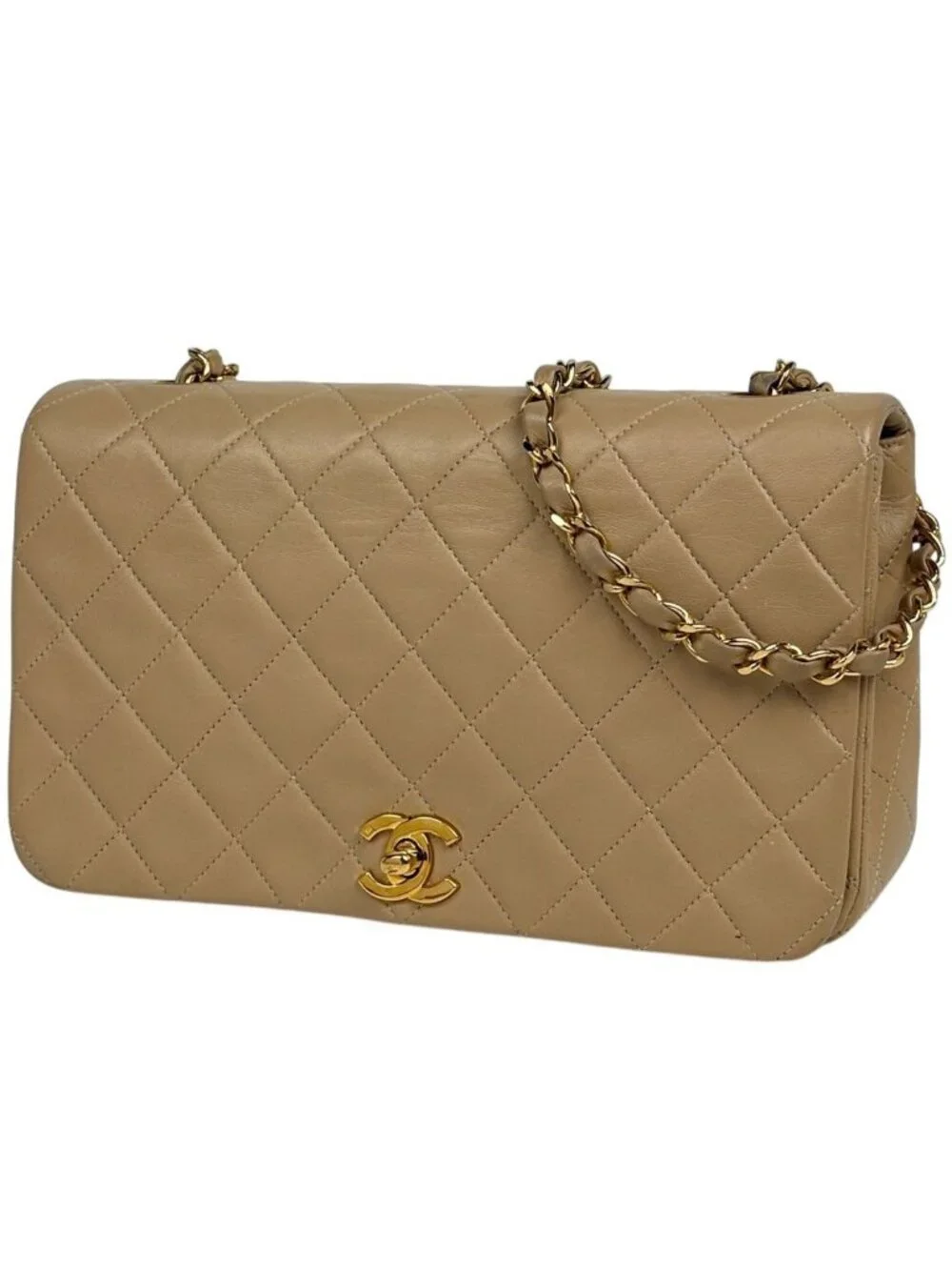 Chanel Quilted Shoulder Bag CC Logo Single Flap Leather Beige